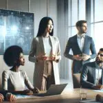 Un equipo de trabajo colaborando en una sala moderna, con una persona liderando la reunión frente a una pantalla digital.