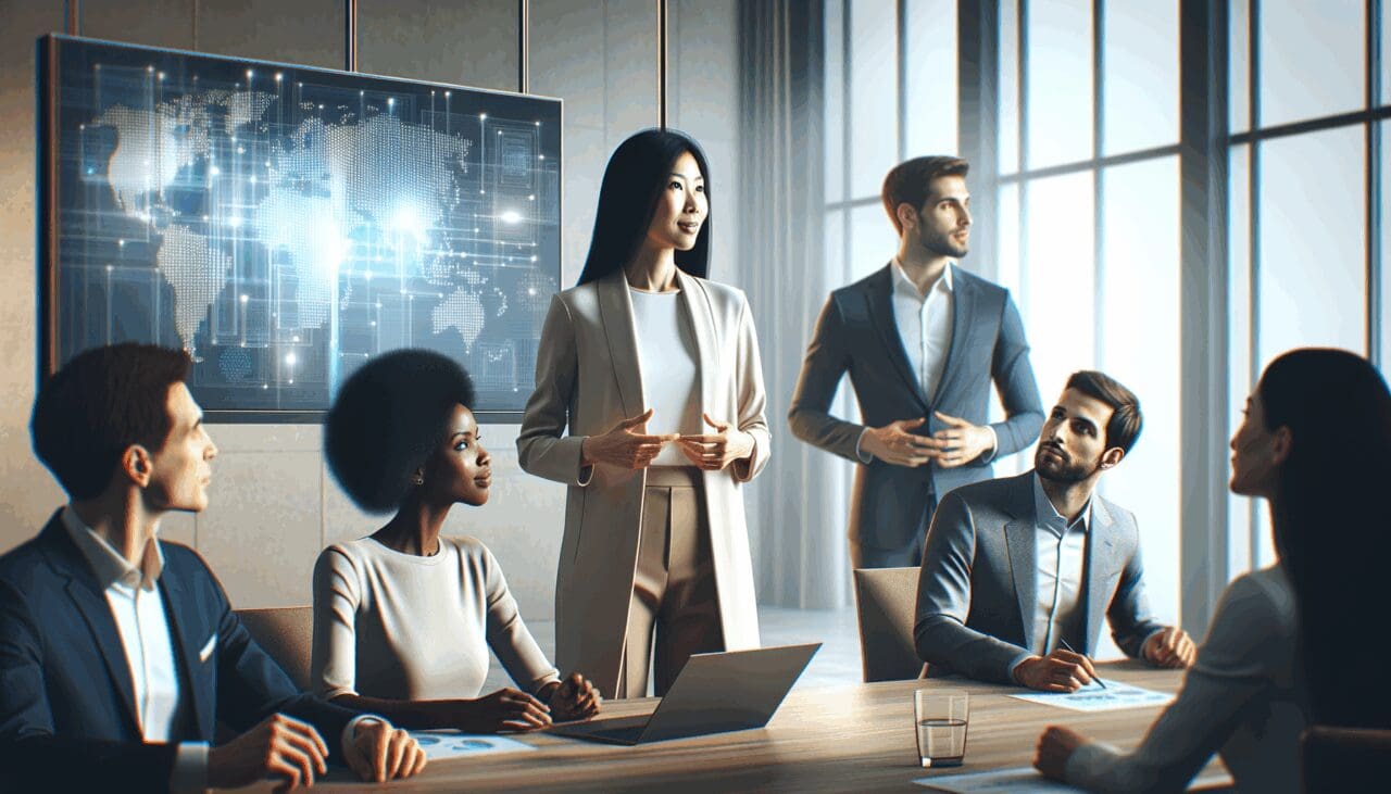 Un equipo de trabajo colaborando en una sala moderna, con una persona liderando la reunión frente a una pantalla digital.