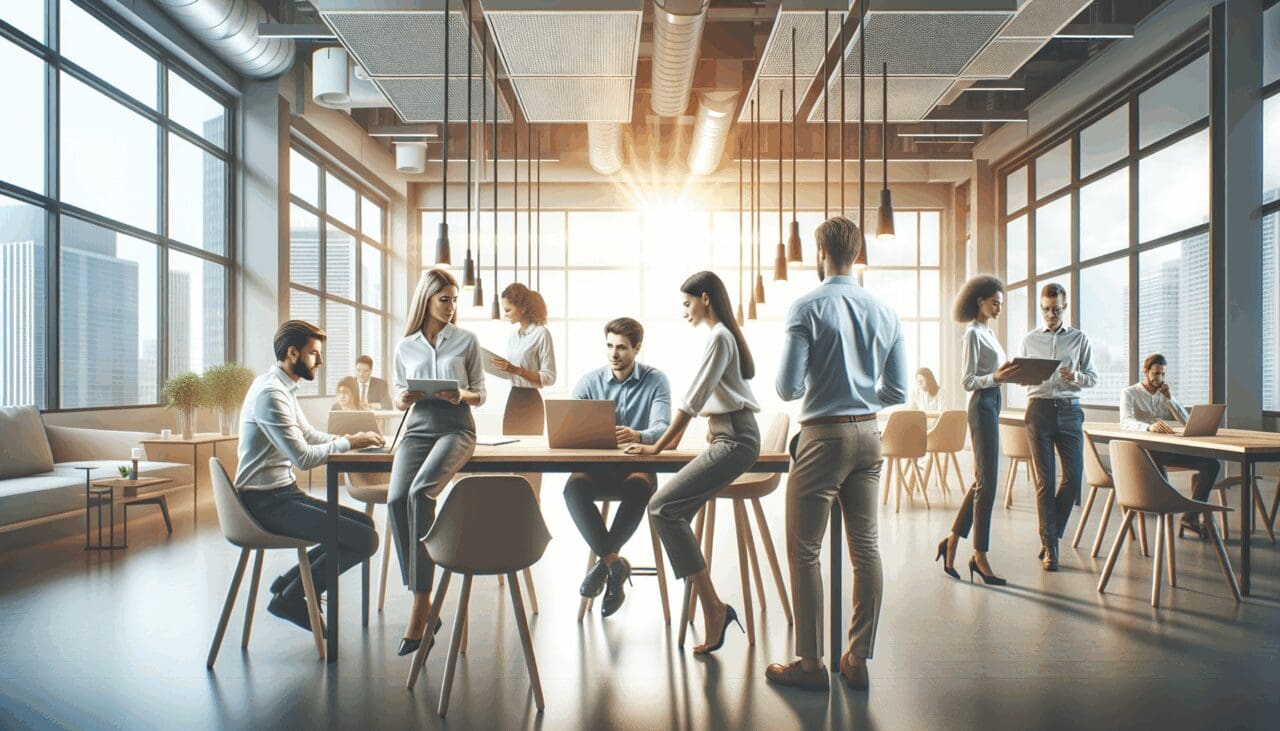 Emprendedores colaborando en un espacio de coworking moderno y luminoso.