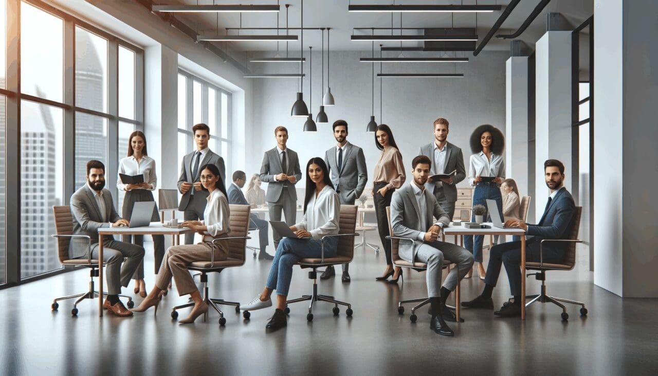 Oficinas modernas con emprendedores colaborando en equipo