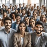 Primer plano de un grupo de jóvenes emprendedores celebrando el éxito de su startup en un entorno universitario moderno.