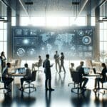 Equipo tecnológico colaborando en una sala moderna con pantallas digitales y ambiente innovador.