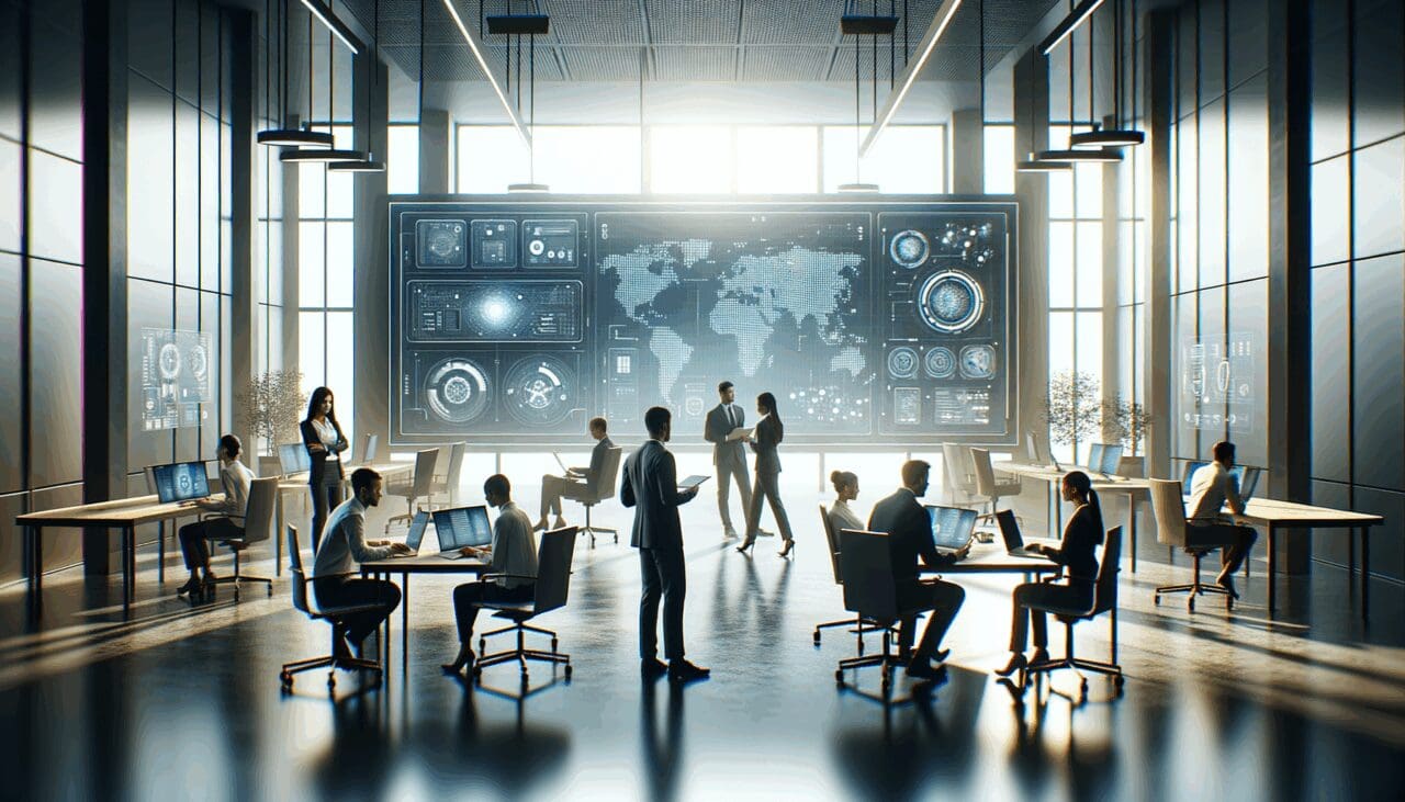 Equipo tecnológico colaborando en una sala moderna con pantallas digitales y ambiente innovador.