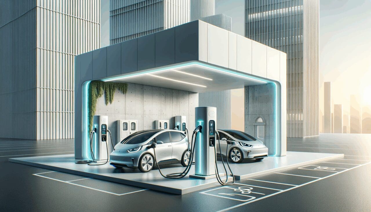 Estación de recarga para vehículos eléctricos en un entorno urbano moderno, con autos eléctricos conectados y arquitectura limpia.