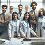 Equipo de emprendedores trabajando en un laboratorio tecnológico médico moderno.