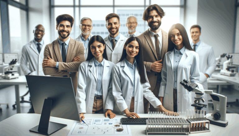 Equipo de emprendedores trabajando en un laboratorio tecnológico médico moderno.