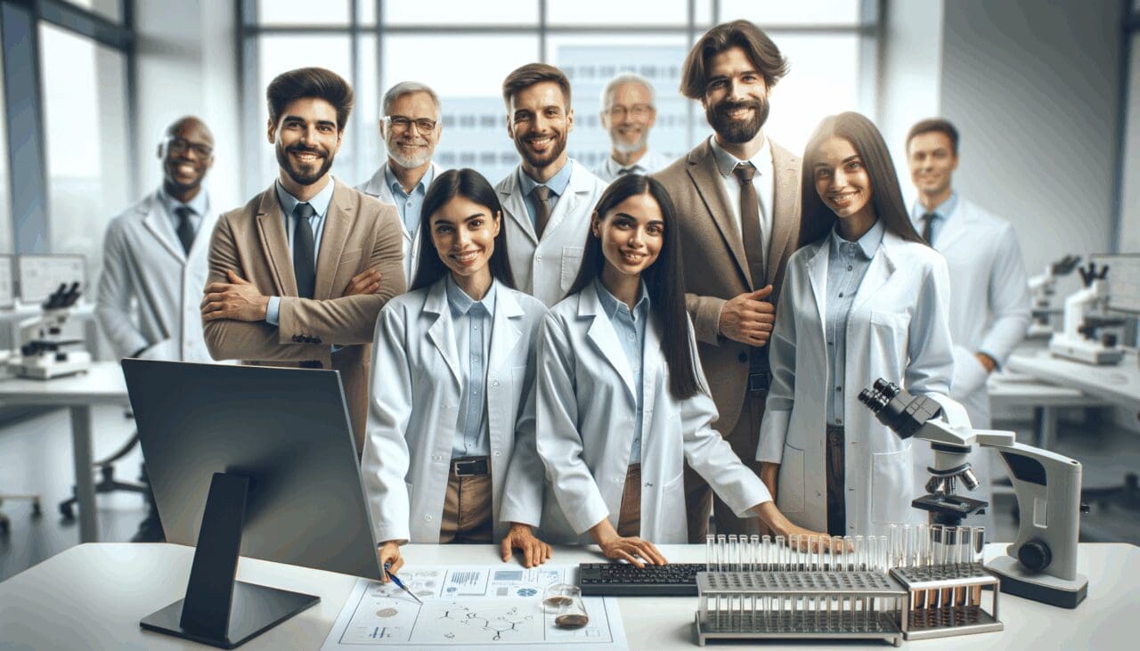 Equipo de emprendedores trabajando en un laboratorio tecnológico médico moderno.