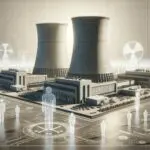 Render futurista de instalaciones nucleares rodeadas de siluetas digitales y ambiente tecnológico.