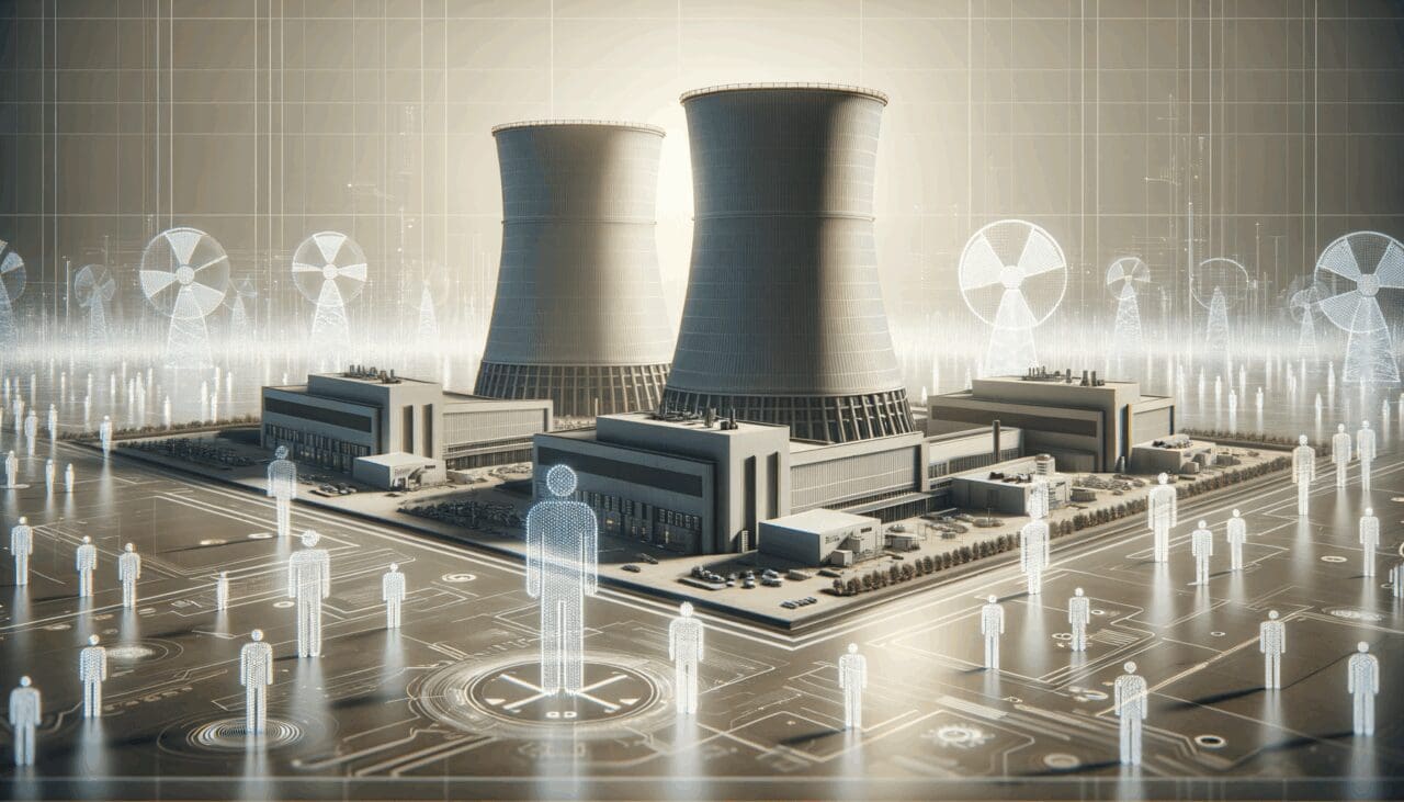 Render futurista de instalaciones nucleares rodeadas de siluetas digitales y ambiente tecnológico.