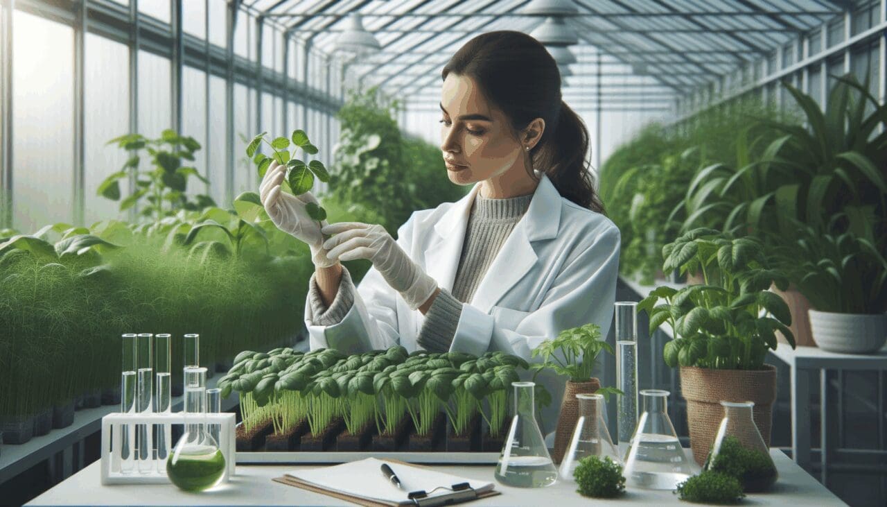 Científica revisando cultivos en un invernadero moderno con frascos de laboratorio y plantas verdes.