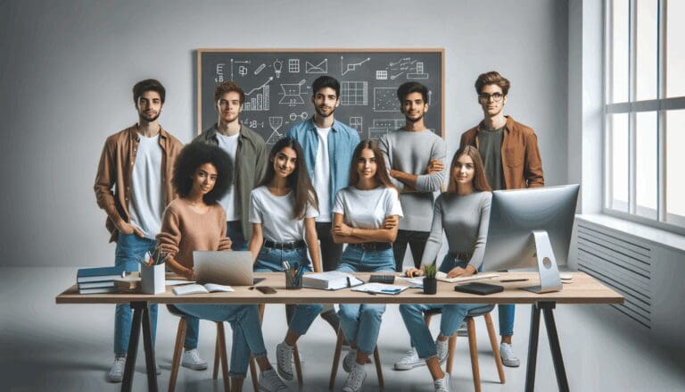 Grupo de jóvenes trabajando en un laboratorio universitario con pizarras y computadoras sobre una mesa.