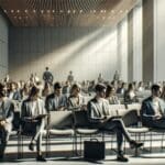 Personas en un auditorio moderno asistiendo a un evento de startups; luz natural, ambiente tecnológico y profesional.