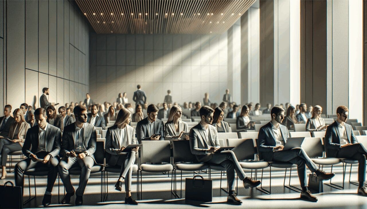 Personas en un auditorio moderno asistiendo a un evento de startups; luz natural, ambiente tecnológico y profesional.