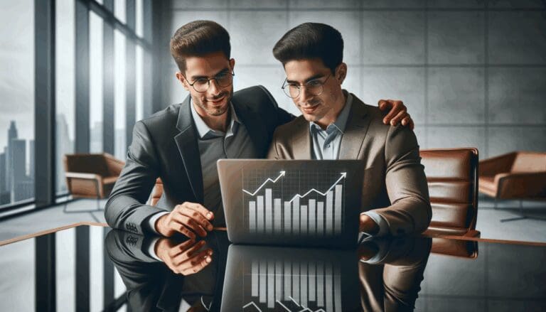 Dos emprendedores latinoamericanos revisando indicadores de crecimiento en una laptop en un entorno corporativo moderno.