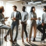 Grupo diverso de emprendedores conversando en un moderno espacio de coworking iluminado.