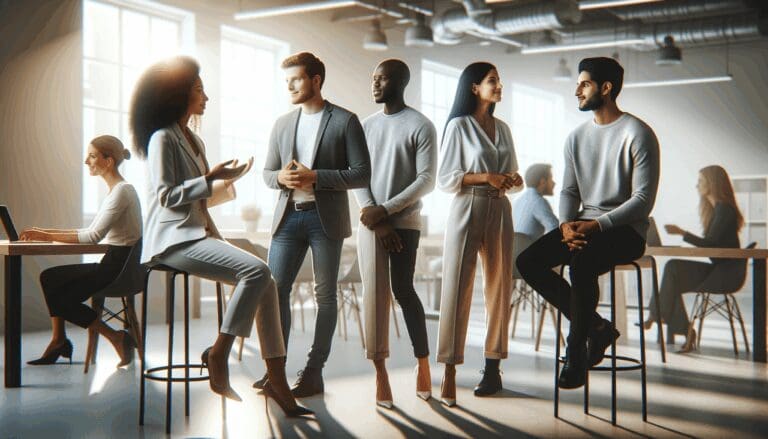 Grupo diverso de emprendedores conversando en un moderno espacio de coworking iluminado.