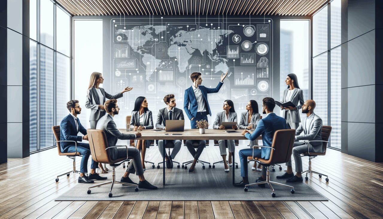 Grupo diverso de emprendedores colaborando en una sala de reuniones moderna, ambiente tecnológico y profesional.