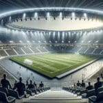Estadio de fútbol moderno desde las gradas, con luces y ambiente innovador, enfocado en tecnología y negocios.