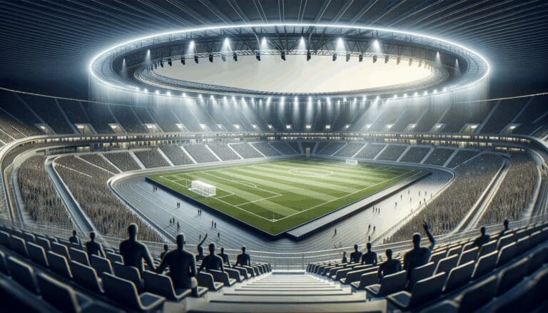Estadio de fútbol moderno desde las gradas, con luces y ambiente innovador, enfocado en tecnología y negocios.