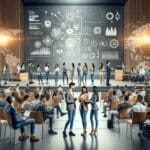 Jóvenes emprendedores interactuando en un auditorio moderno, rodeados de pantallas digitales y ambiente de innovación.