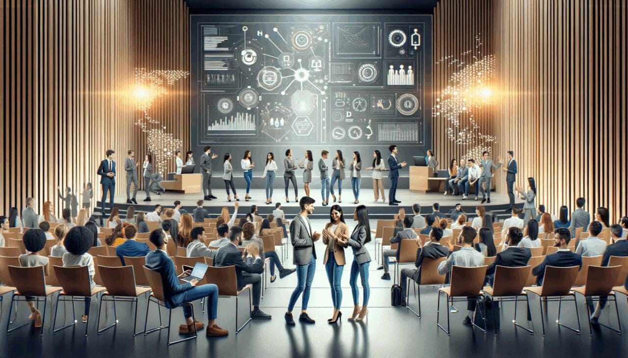 Jóvenes emprendedores interactuando en un auditorio moderno, rodeados de pantallas digitales y ambiente de innovación.
