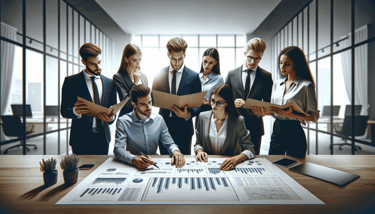 Equipo de jóvenes emprendedores revisando datos financieros en una oficina moderna con pantallas digitales al fondo.