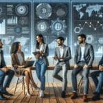 Equipo diverso de emprendedores dialogando frente a pantallas digitales con gráficos financieros y blockchain, en un espacio moderno.