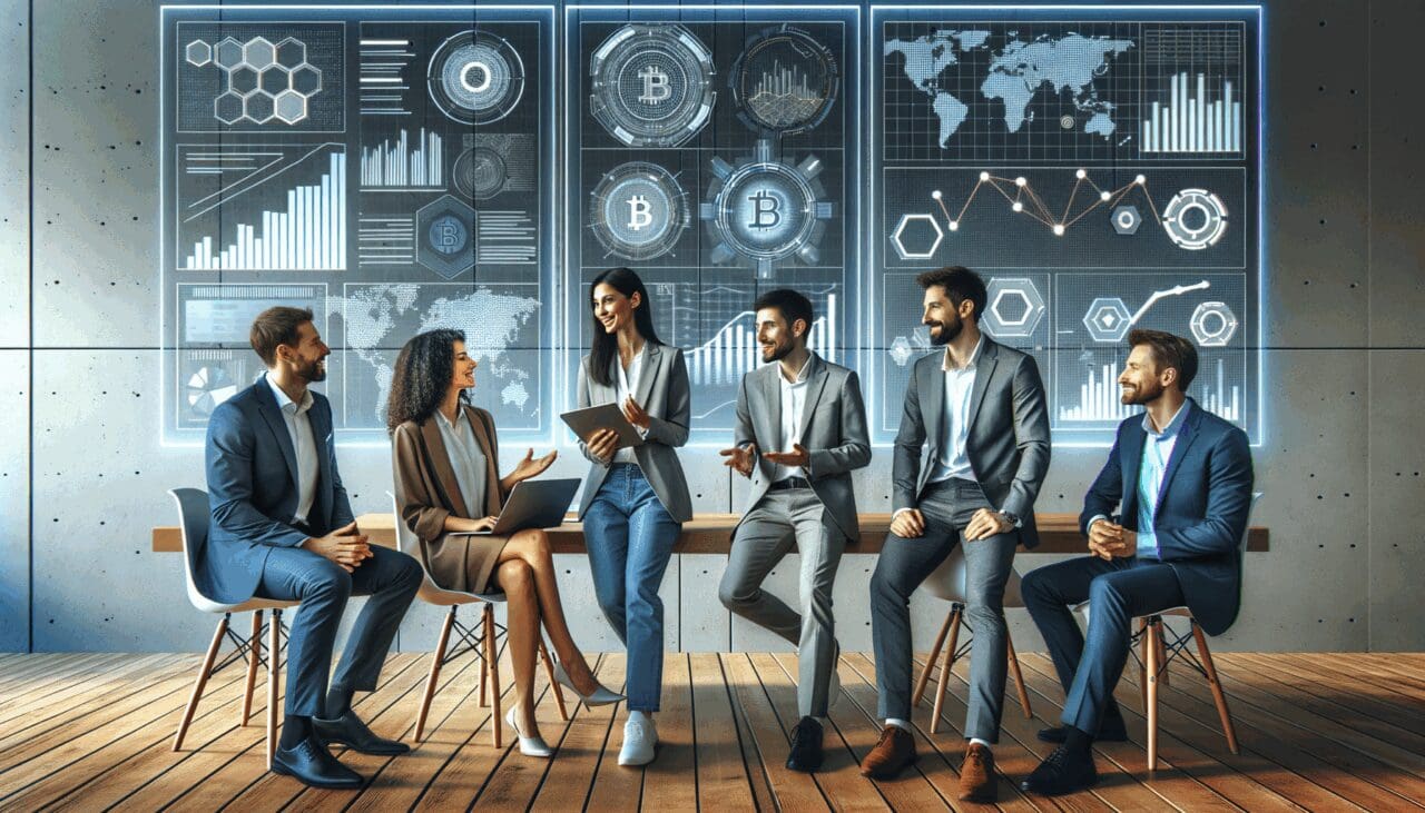 Equipo diverso de emprendedores dialogando frente a pantallas digitales con gráficos financieros y blockchain, en un espacio moderno.