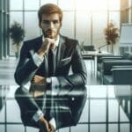 Retrato editorial de un emprendedor reflexionando en una oficina moderna, luz natural y ambiente profesional.