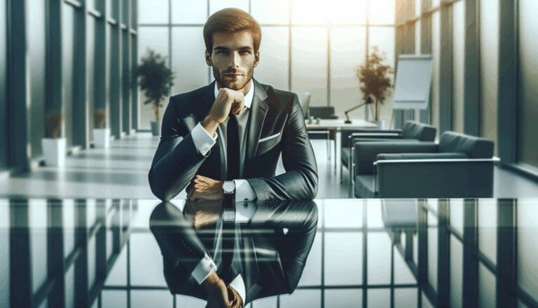 Retrato editorial de un emprendedor reflexionando en una oficina moderna, luz natural y ambiente profesional.