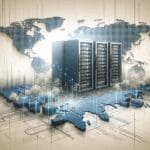 Ilustración de servidores y líneas de código sobre un mapa digitalizado, en tonos neutros y azulados.