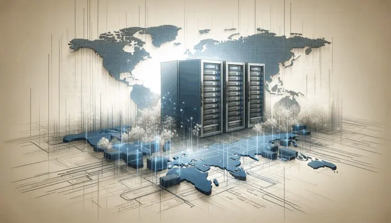 Ilustración de servidores y líneas de código sobre un mapa digitalizado, en tonos neutros y azulados.