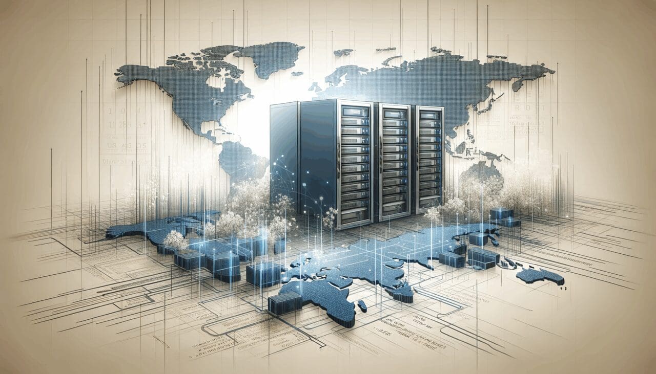 Ilustración de servidores y líneas de código sobre un mapa digitalizado, en tonos neutros y azulados.