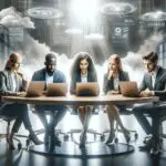 Fotografía de un equipo multicultural trabajando en laptops alrededor de una mesa de oficina moderna, en un entorno tecnológico.