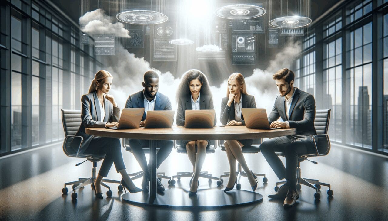 Fotografía de un equipo multicultural trabajando en laptops alrededor de una mesa de oficina moderna, en un entorno tecnológico.