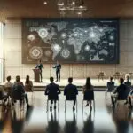 Emprendedores presentando ideas tecnológicas en un auditorio moderno, ambiente innovador y tecnológico.
