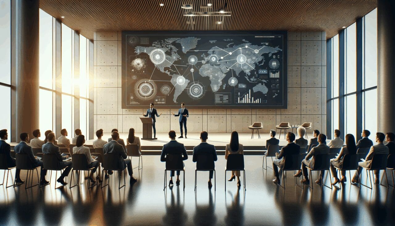 Emprendedores presentando ideas tecnológicas en un auditorio moderno, ambiente innovador y tecnológico.