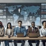 Equipo multicultural trabajando en una oficina moderna con pantallas mostrando datos y algoritmos de inteligencia artificial.