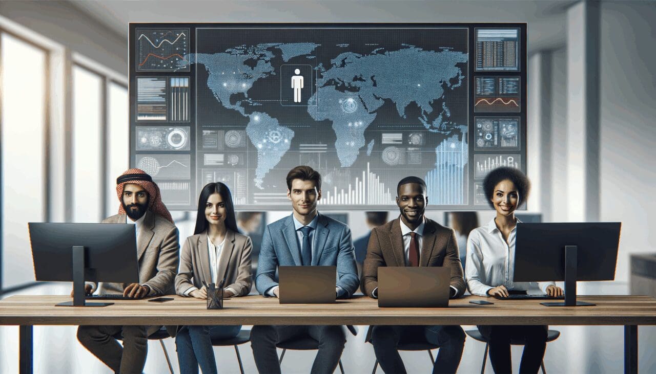 Equipo multicultural trabajando en una oficina moderna con pantallas mostrando datos y algoritmos de inteligencia artificial.