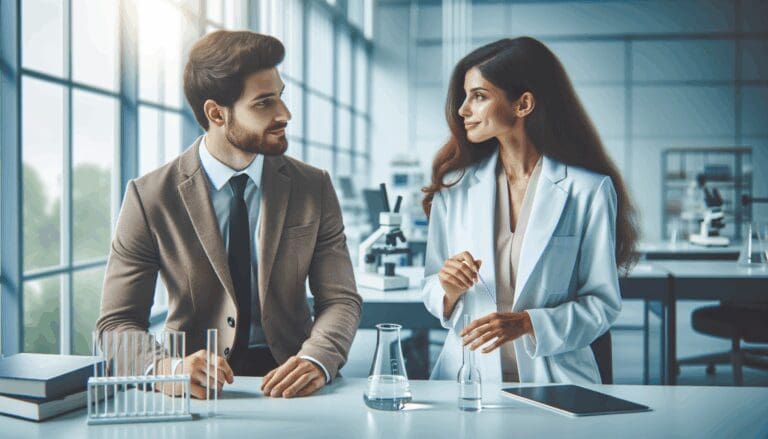 Emprendedores y científicos colaborando en un moderno laboratorio durante un evento de networking.