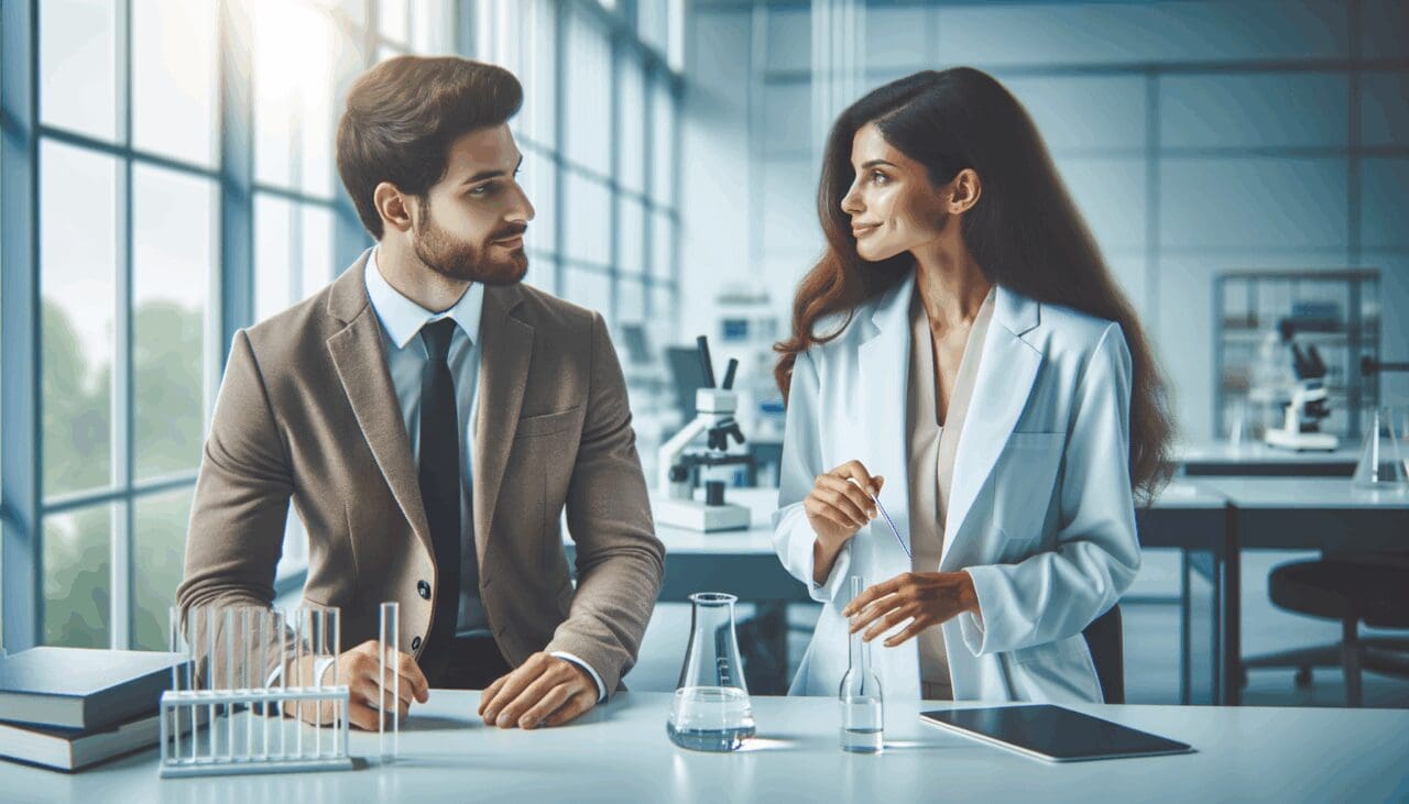 Emprendedores y científicos colaborando en un moderno laboratorio durante un evento de networking.