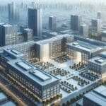 Vista aérea de un campus tecnológico con edificios modernos.