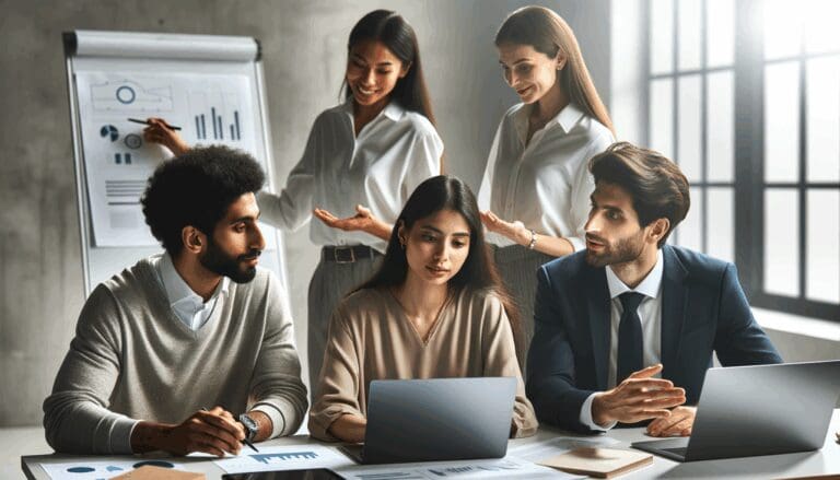 Grupo diverso de emprendedores colaborando en una oficina moderna