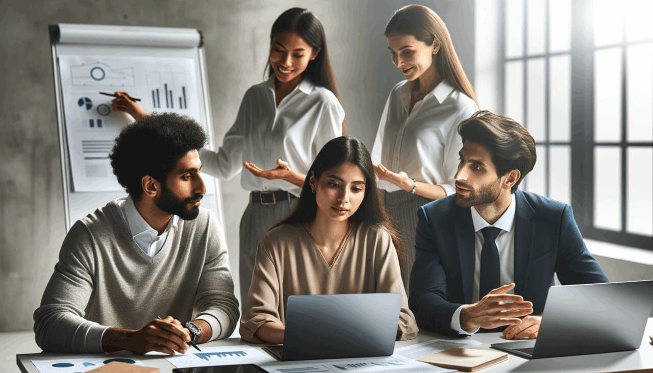 Grupo diverso de emprendedores colaborando en una oficina moderna