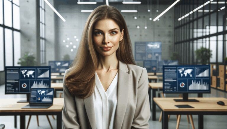 Retrato editorial de una mujer emprendedora en un entorno tecnológico contemporáneo, laptops y pantallas de datos al fondo.