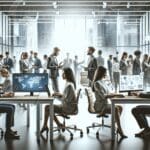 Oficina moderna con emprendedores colaborando frente a laptops y pantallas digitales.