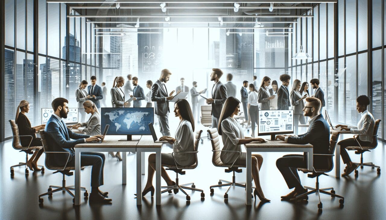 Oficina moderna con emprendedores colaborando frente a laptops y pantallas digitales.