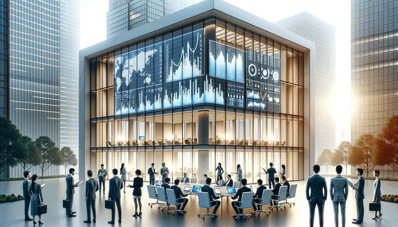 Render de un edificio moderno rodeado de inversores revisando tablas digitales en una sala de juntas luminosa.