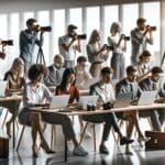 Grupo diverso de jóvenes profesionales trabajando juntos en laptops y cámaras, ambiente moderno de coworking.