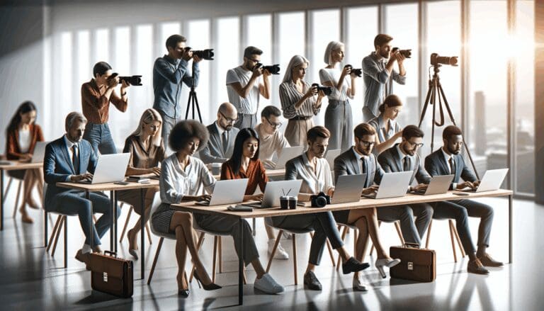 Grupo diverso de jóvenes profesionales trabajando juntos en laptops y cámaras, ambiente moderno de coworking.